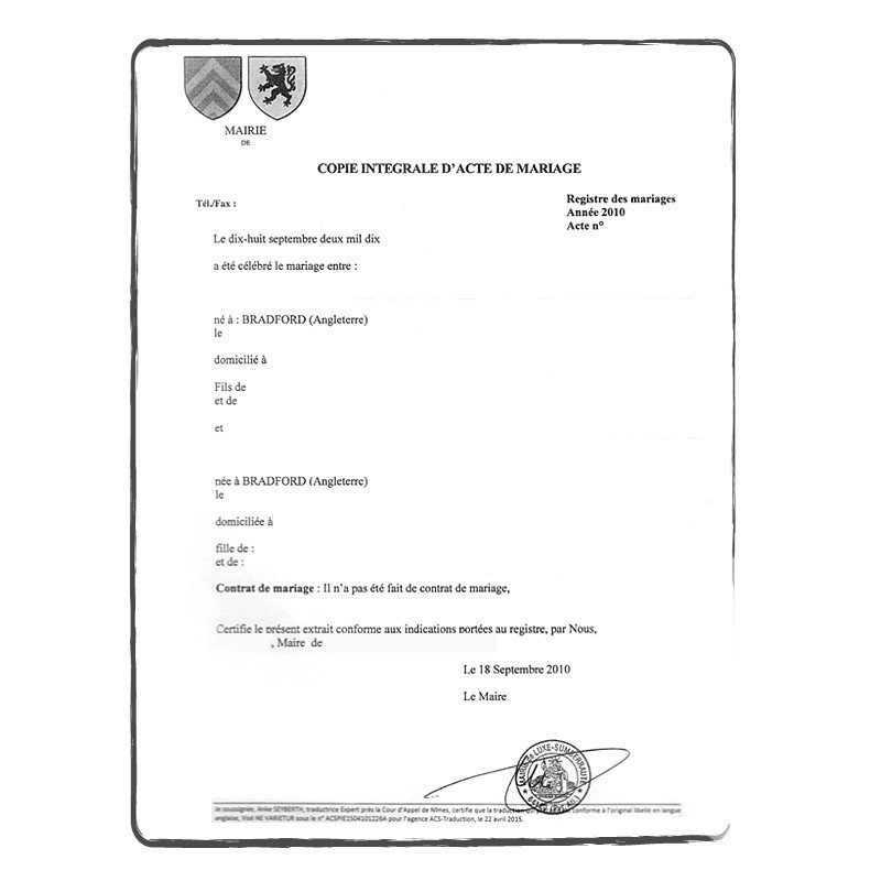 Acte de mariage français FR