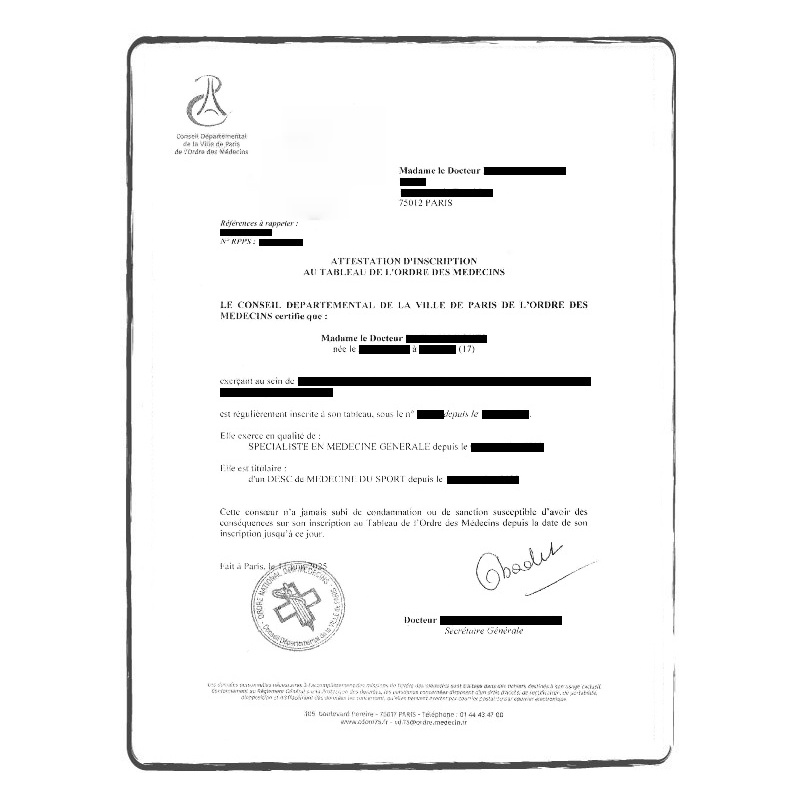 Attestation de l'Ordre des Médecins FR